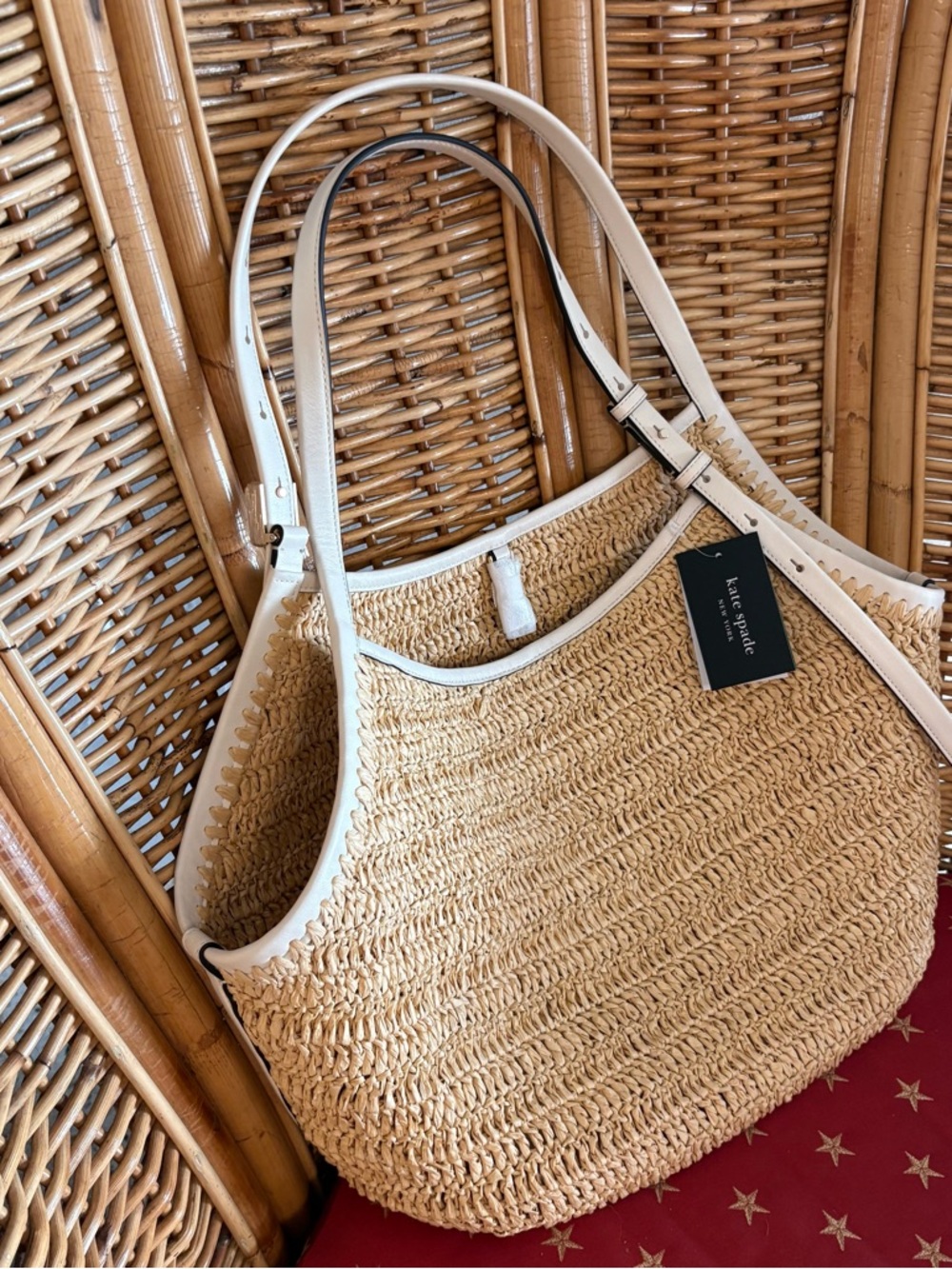 KATE SPADE Designer Deco Straw Tulip Tote Bag! NEW! White leather Straps! Tags! - Picture 5 of 13